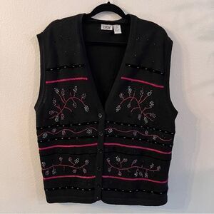 Vtg Lucia Sweater Vest Black Ribbon Beads Embroidery Size XL